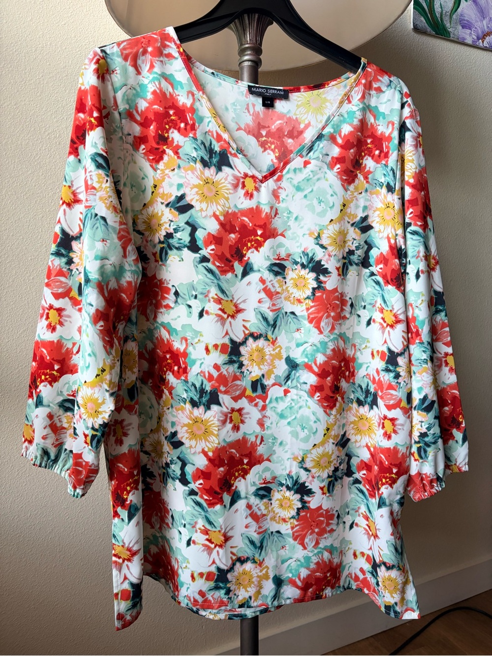 Mario Serrani Italy Floral V-Neck Tunic Blouse 3/4 Sleeve Size L
